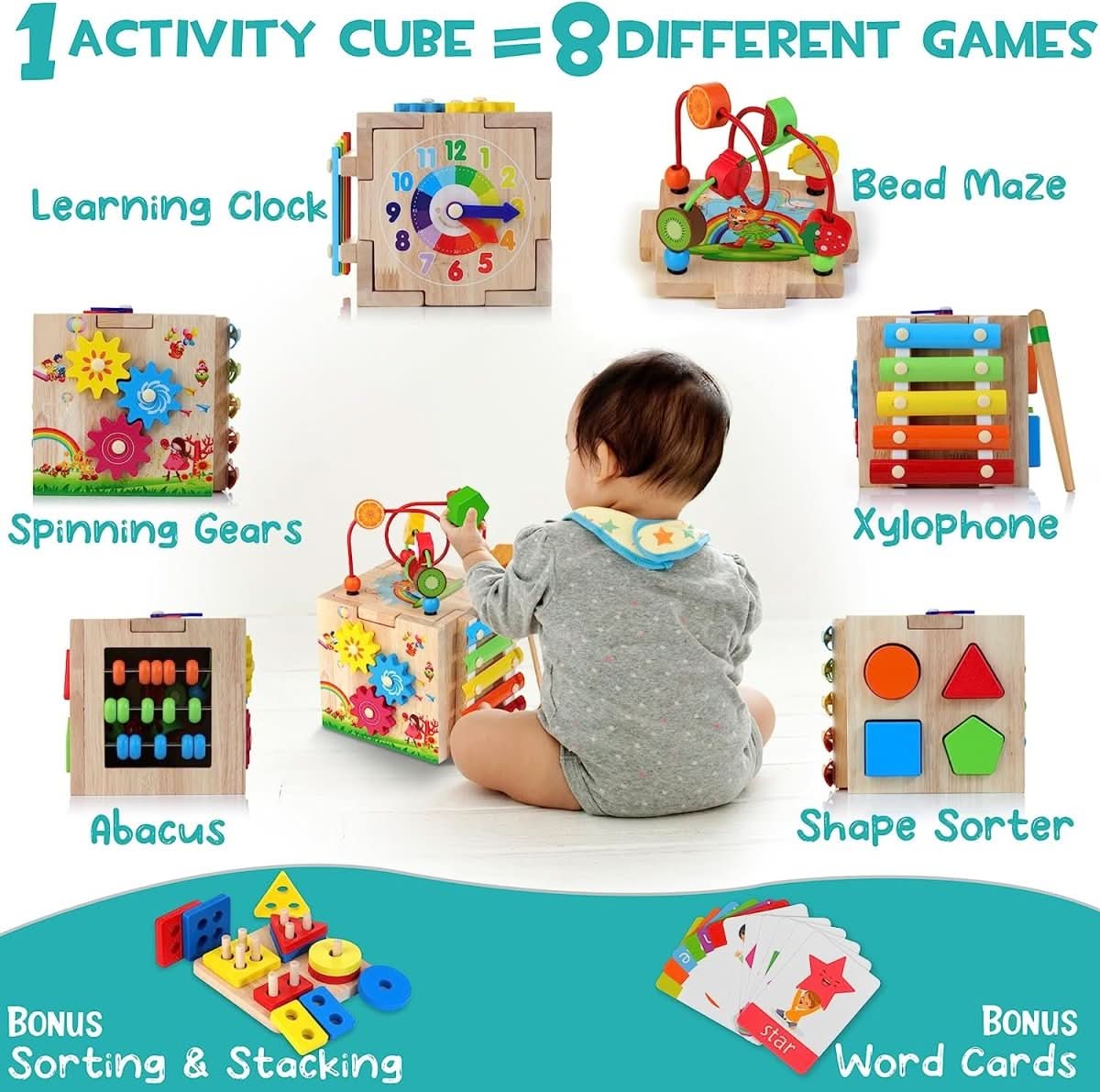 EduCube 8-in-1 – Wooden Montessori Learning Toy for Toddlers 18 Months and Up