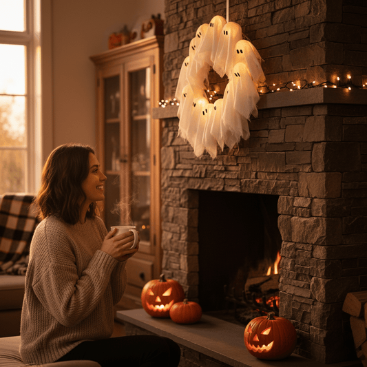 SpookyGlow Wreath – Luminous Ghosts for Atmospheric Halloween Decoration