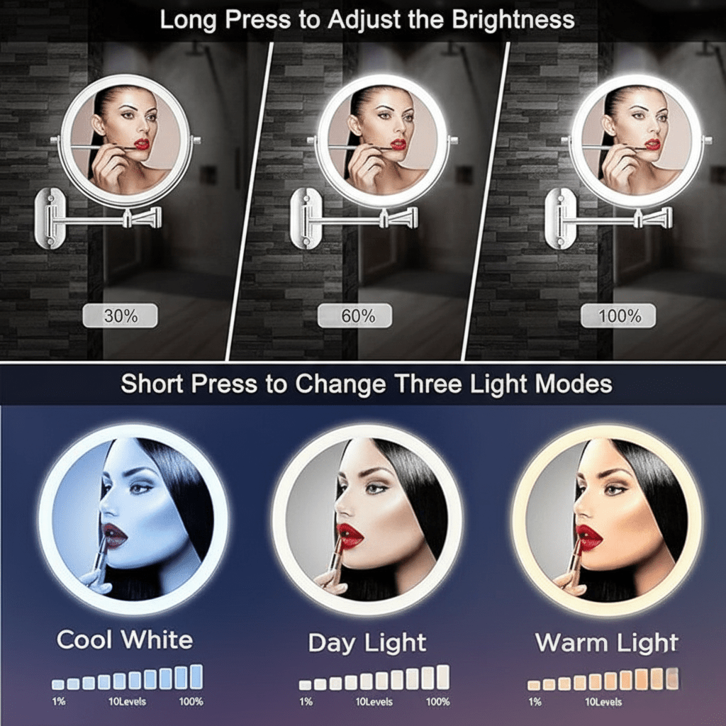 Magniglow – LED Magnifying Mirror With Adjustable Lighting And Rechargeable Battery