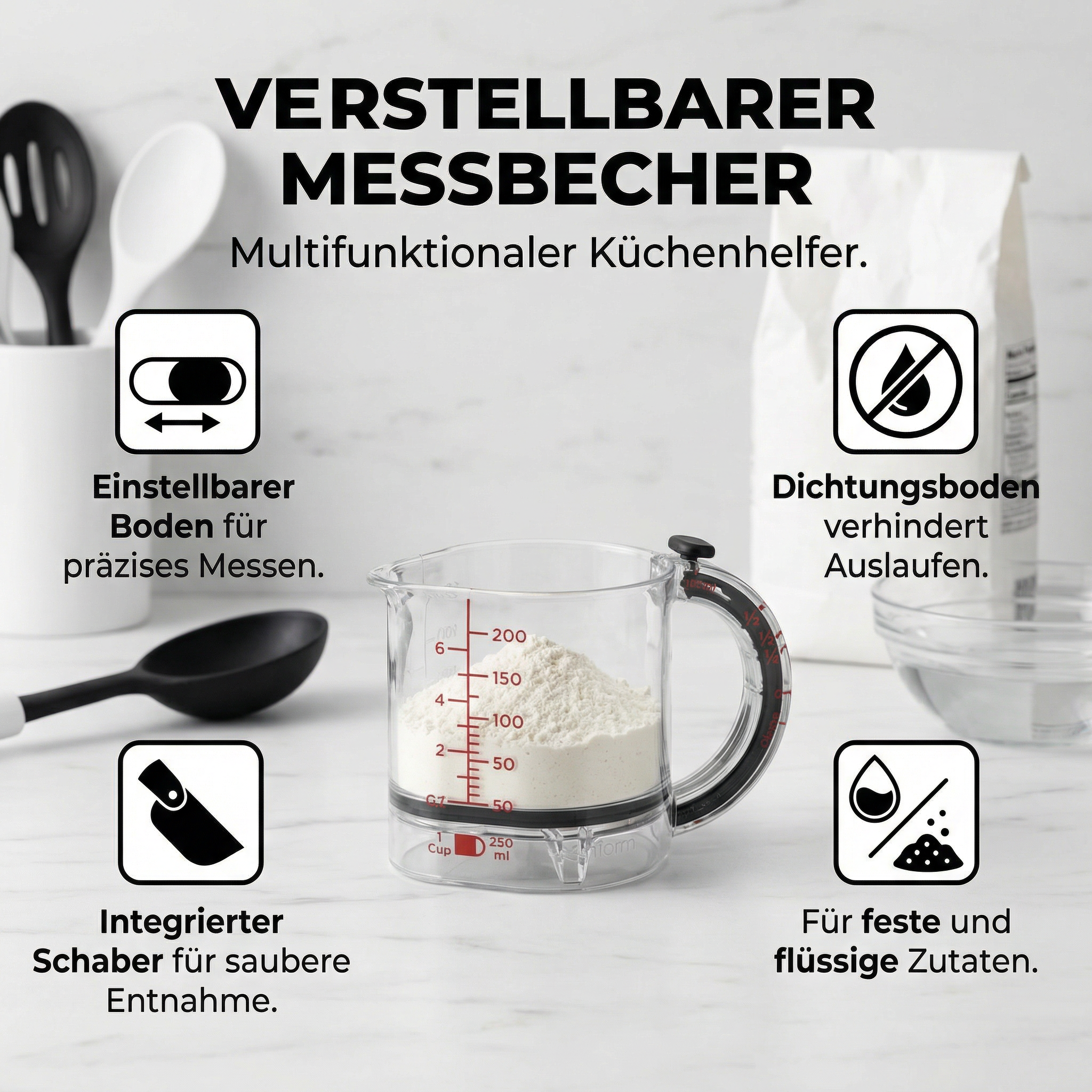 Verstellbarer Messbecher – Multifunktionaler Küchenhelfer mit Schaber und Dichtungsboden