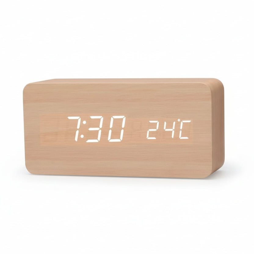 Futura Alarm Clock Wood Look LED With Three Alarms Temperature Display Adjustable Brightness