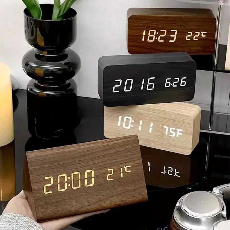 Futura Alarm Clock Wood Look LED With Three Alarms Temperature Display Adjustable Brightness