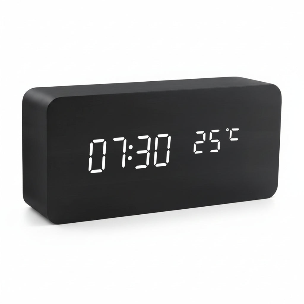 Futura Alarm Clock Wood Look LED With Three Alarms Temperature Display Adjustable Brightness