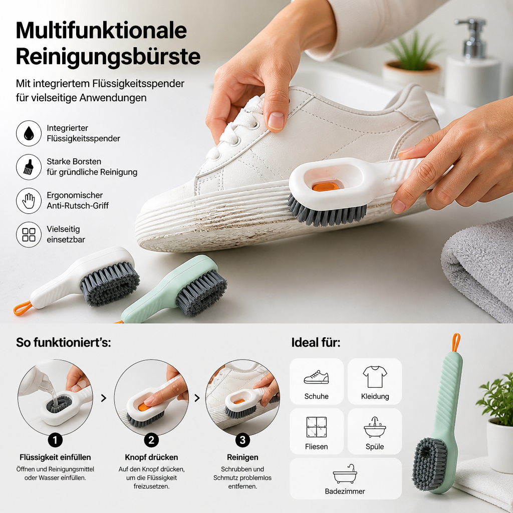 Multifunktionale Reinigungsbürste – Mit integriertem Flüssigkeitsspender für vielseitige Anwendungen