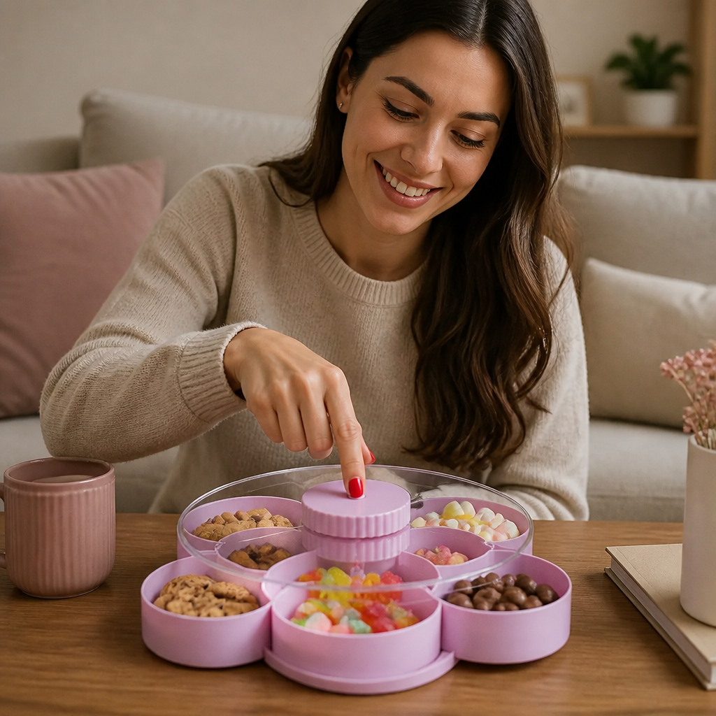 Drehbare Snackplatte mit Fächern – Rotierendes Serviertablett für Snacks & Süßigkeiten
