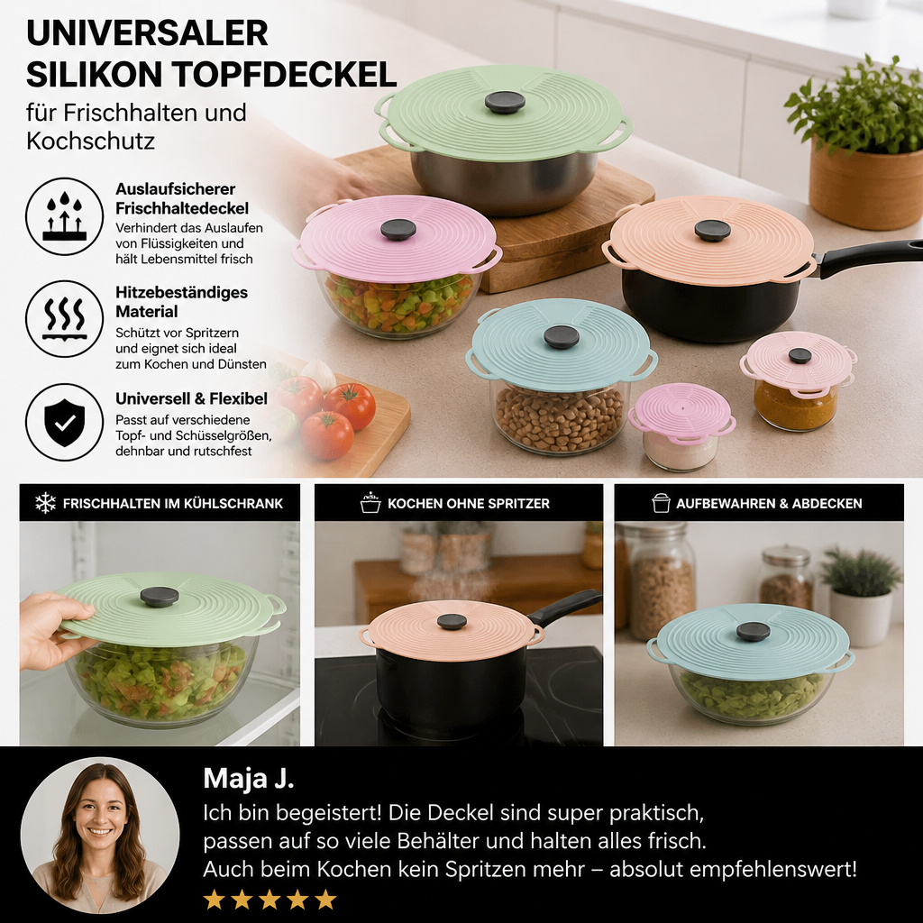 Universeller Silikon Topfdeckel für Frischhalten und Kochschutz