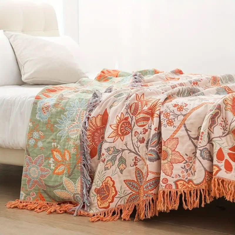 Boho-Chic – Cotton Throw Blanket with Floral Boho Pattern