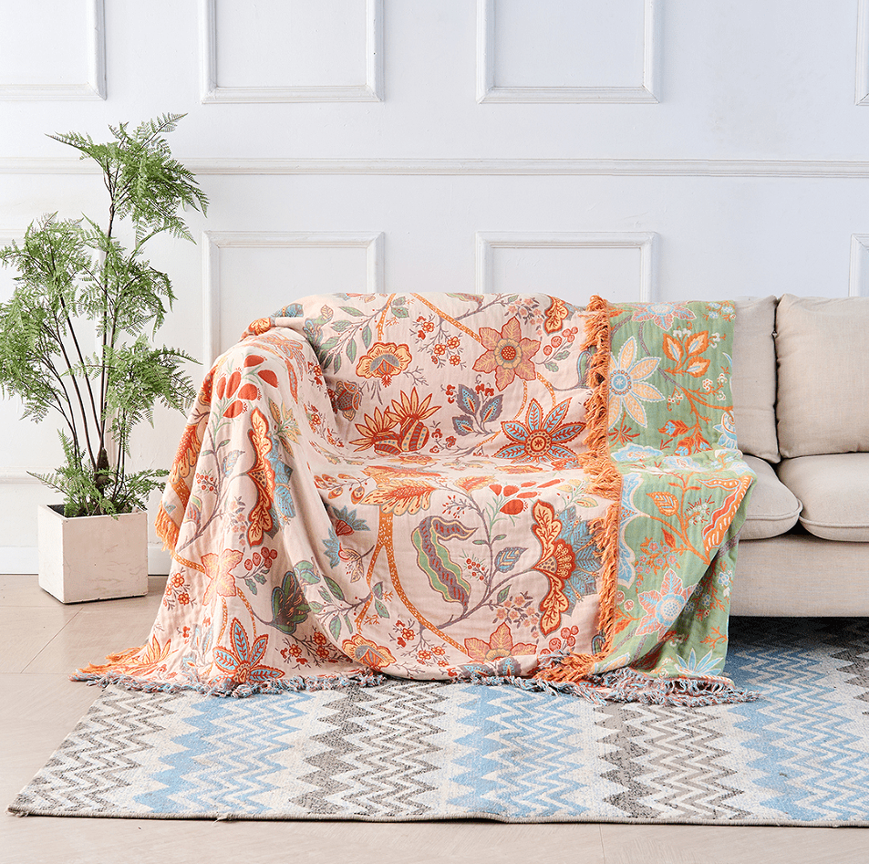 Boho-Chic – Cotton Throw Blanket with Floral Boho Pattern