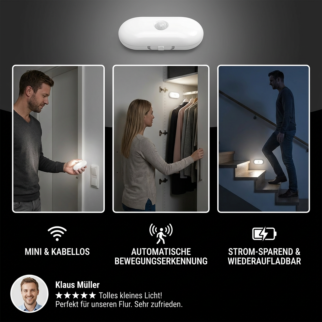 Smartes LED Nachtlicht mit Bewegungsmelder – Mini, kabellos & stromsparend