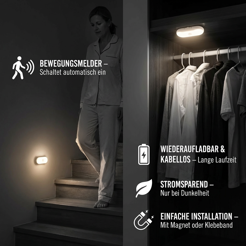 Smartes LED Nachtlicht mit Bewegungsmelder – Mini, kabellos & stromsparend