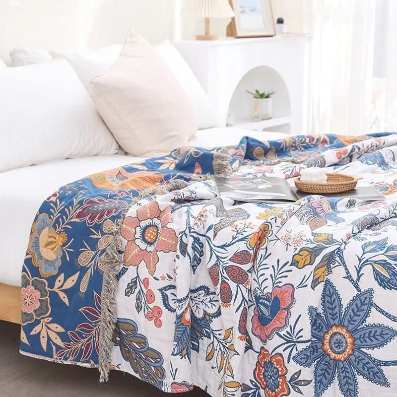 Cotton Blossom Blanket - Rustic Cotton Blanket with Floral Pattern, Reversible Design