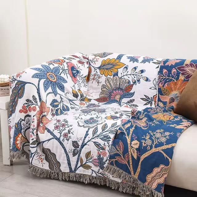Cotton Blossom Blanket - Rustic Cotton Blanket with Floral Pattern, Reversible Design
