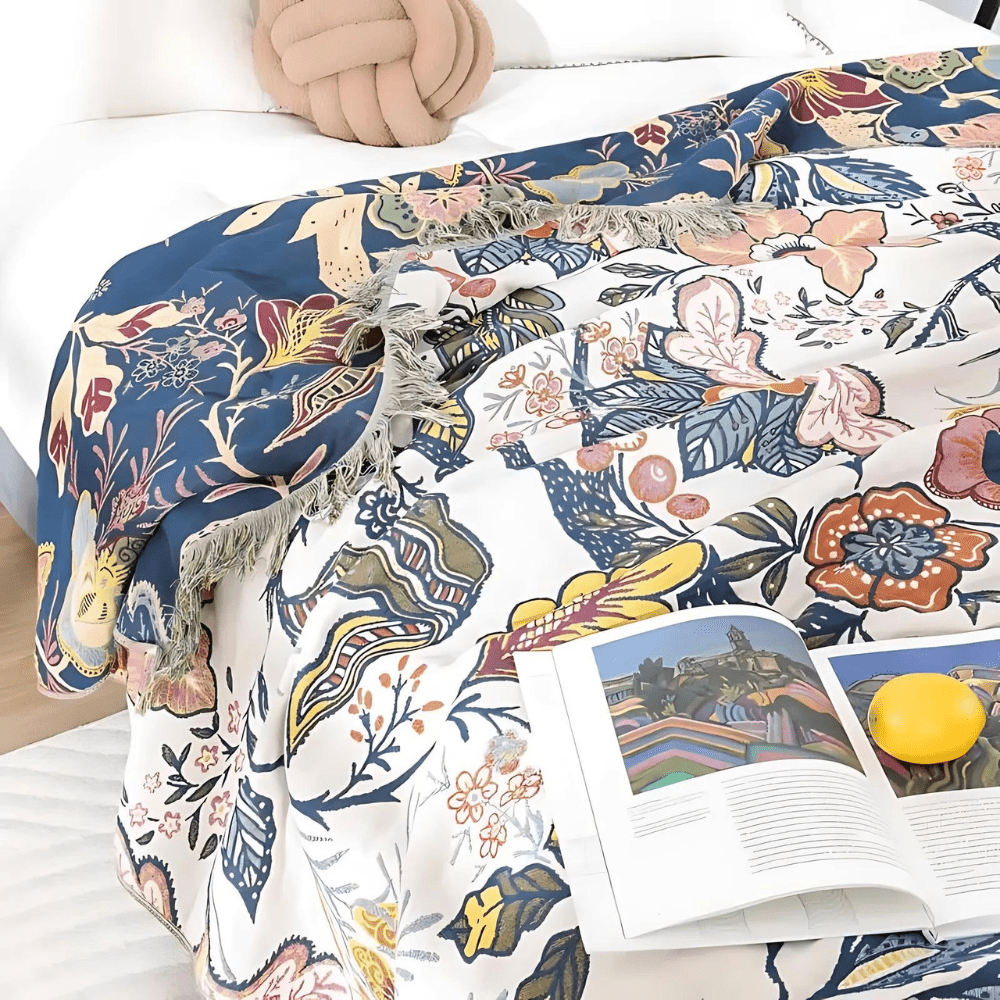 Cotton Blossom Blanket - Rustic Cotton Blanket with Floral Pattern, Reversible Design