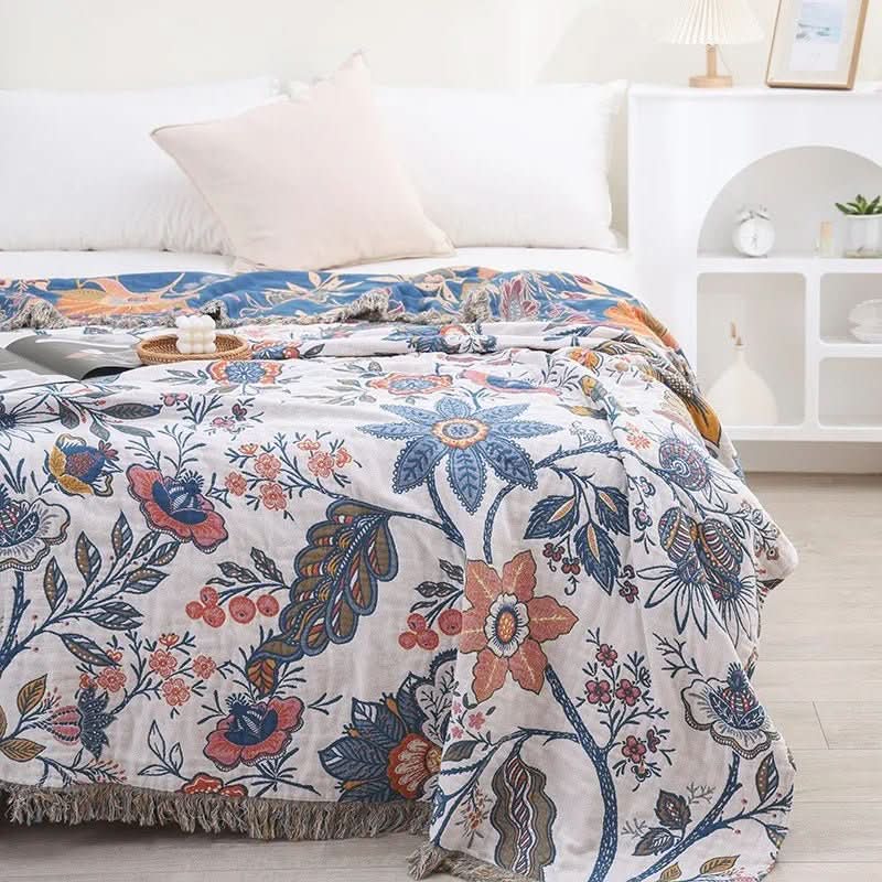 Cotton Blossom Blanket - Rustic Cotton Blanket with Floral Pattern, Reversible Design