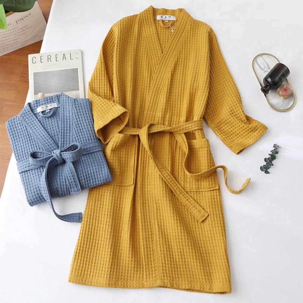 CottonLuxury – Waffle Bathrobe With V-Neck Made Of 100% Cotton