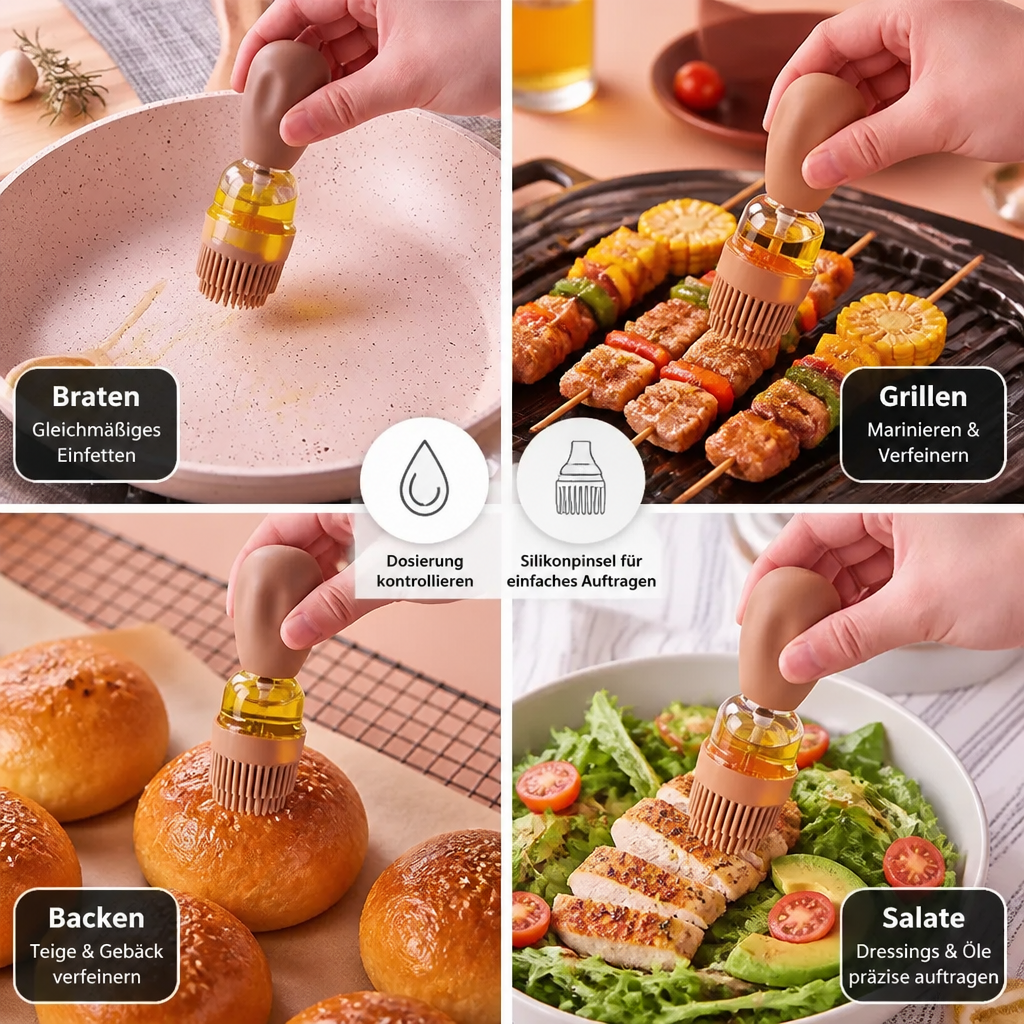 Ölspender mit Silikonpinsel – Präzise Dosierflasche zum Kochen, Grillen & Backen