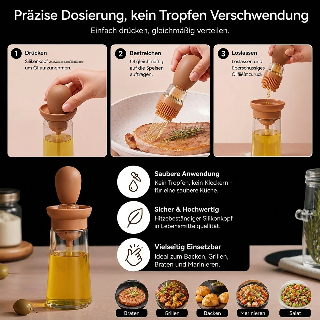 Ölspender mit Silikonpinsel – Präzise Dosierflasche zum Kochen, Grillen & Backen