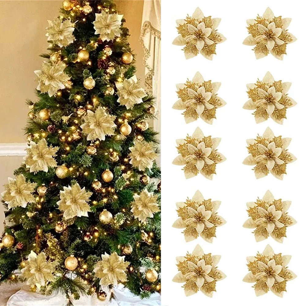 GLIMFLOR – 14,5 cm große glitzernde Weihnachtsblumen in Rosa, Rot und Gold 3