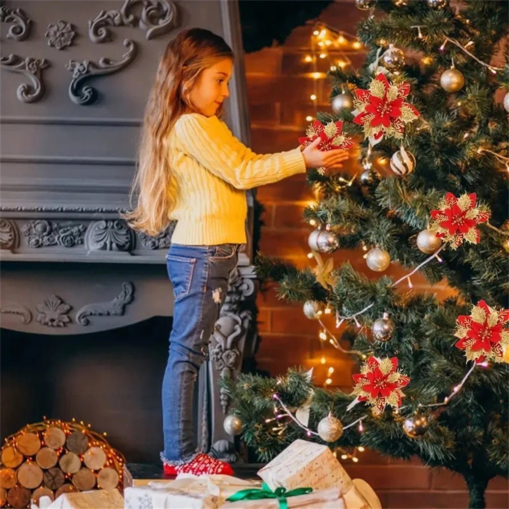GLIMFLOR – 14,5 cm große glitzernde Weihnachtsblumen in Rosa, Rot und Gold 4