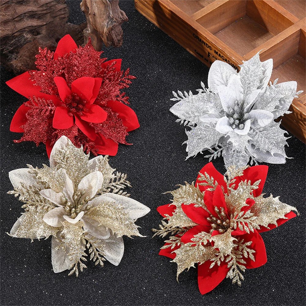 GLIMFLOR – 14,5 cm große glitzernde Weihnachtsblumen in Rosa, Rot und Gold 5