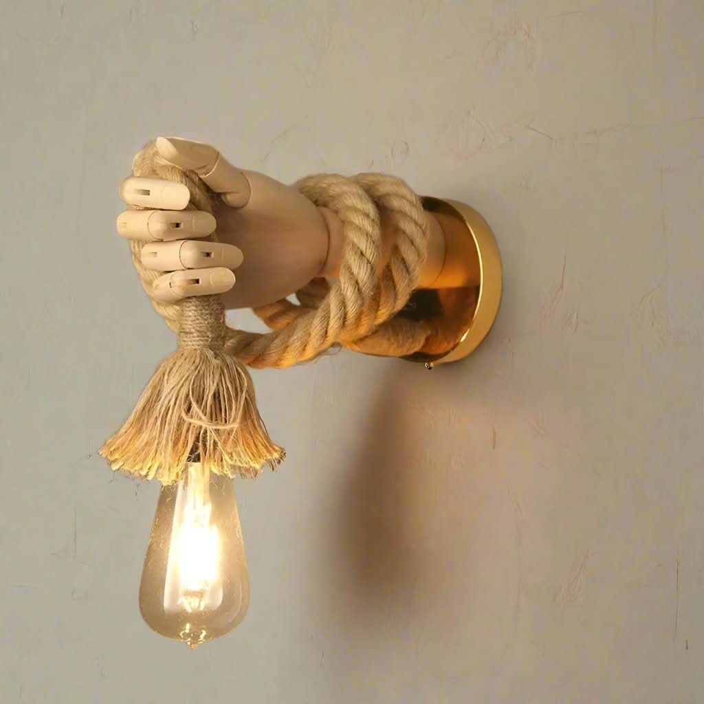 Analisa Handmade Wall Lamp with Hemp Rope Design Solid Wood Base