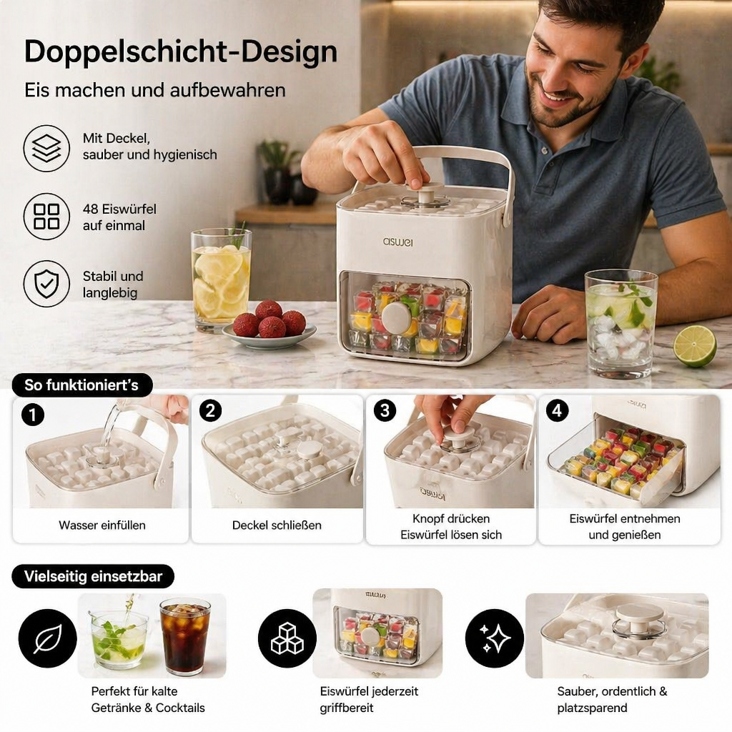 2-in-1 Eiswürfel-Maker mit Aufbewahrungsbox – 48 Eiswürfel, Doppel-Design