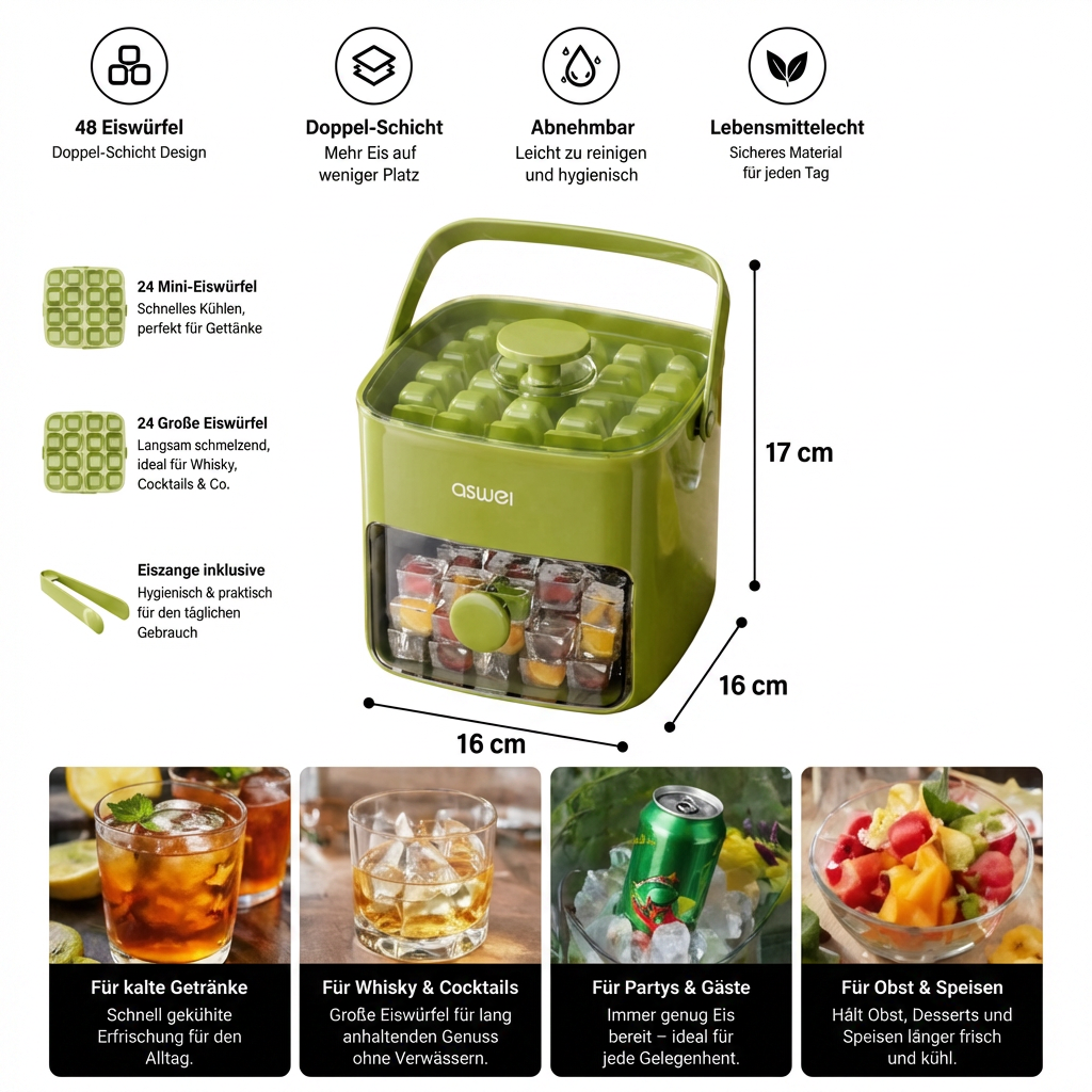 2-in-1 Eiswürfel-Maker mit Aufbewahrungsbox – 48 Eiswürfel, Doppel-Design