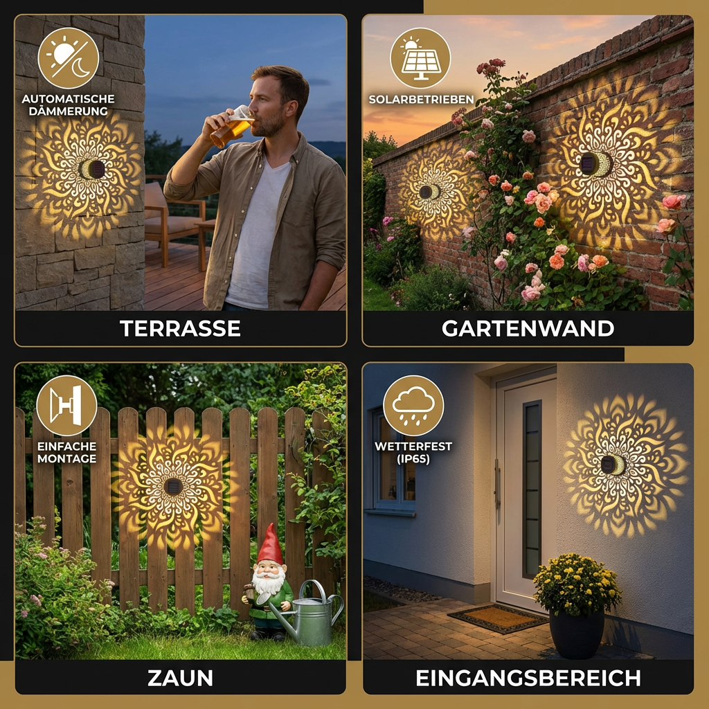 LED Solarleuchte im Mandala Design – Außenwandleuchte für Garten, Zaun & Terrasse
