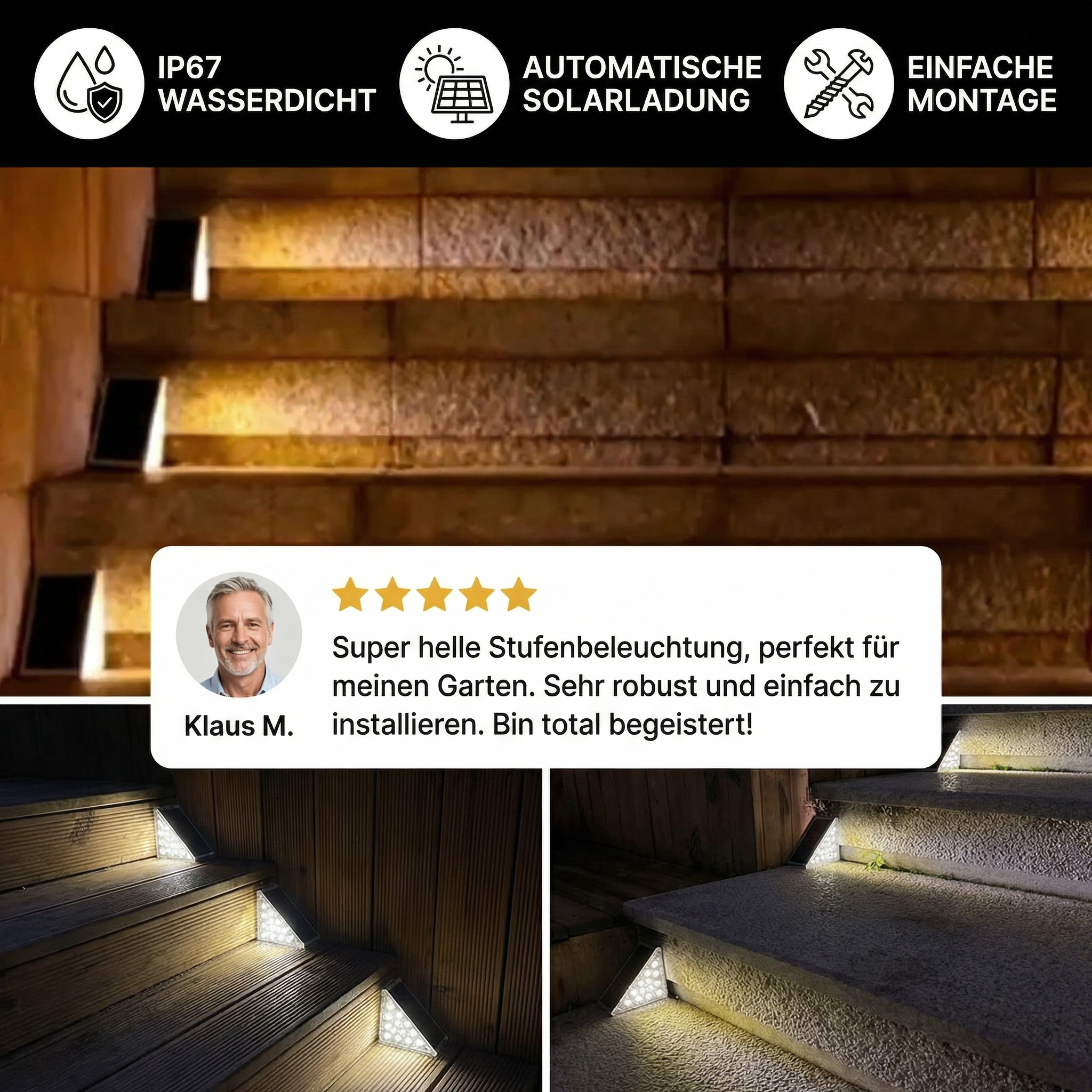 Solar LED Stufenleuchte – IP67 wasserdichte Treppen- & Wegebeleuchtung