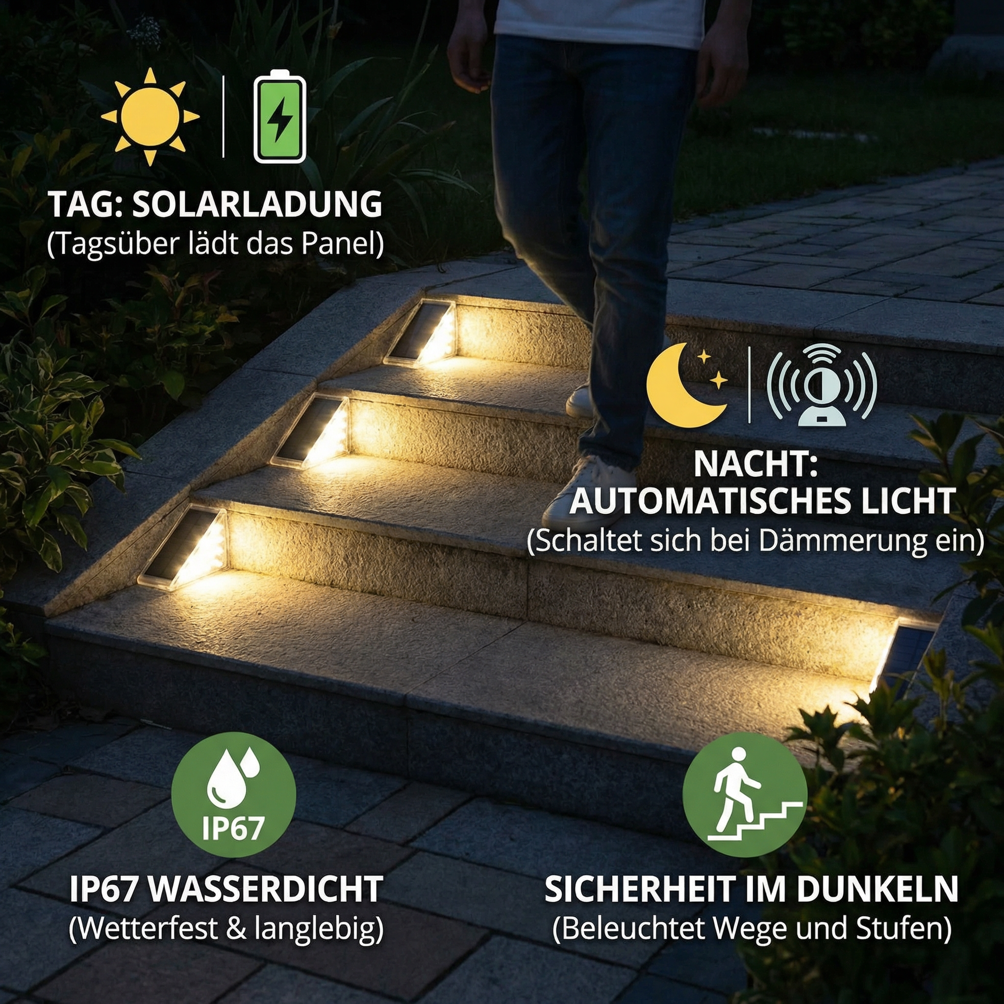 Solar LED Stufenleuchte – IP67 wasserdichte Treppen- & Wegebeleuchtung