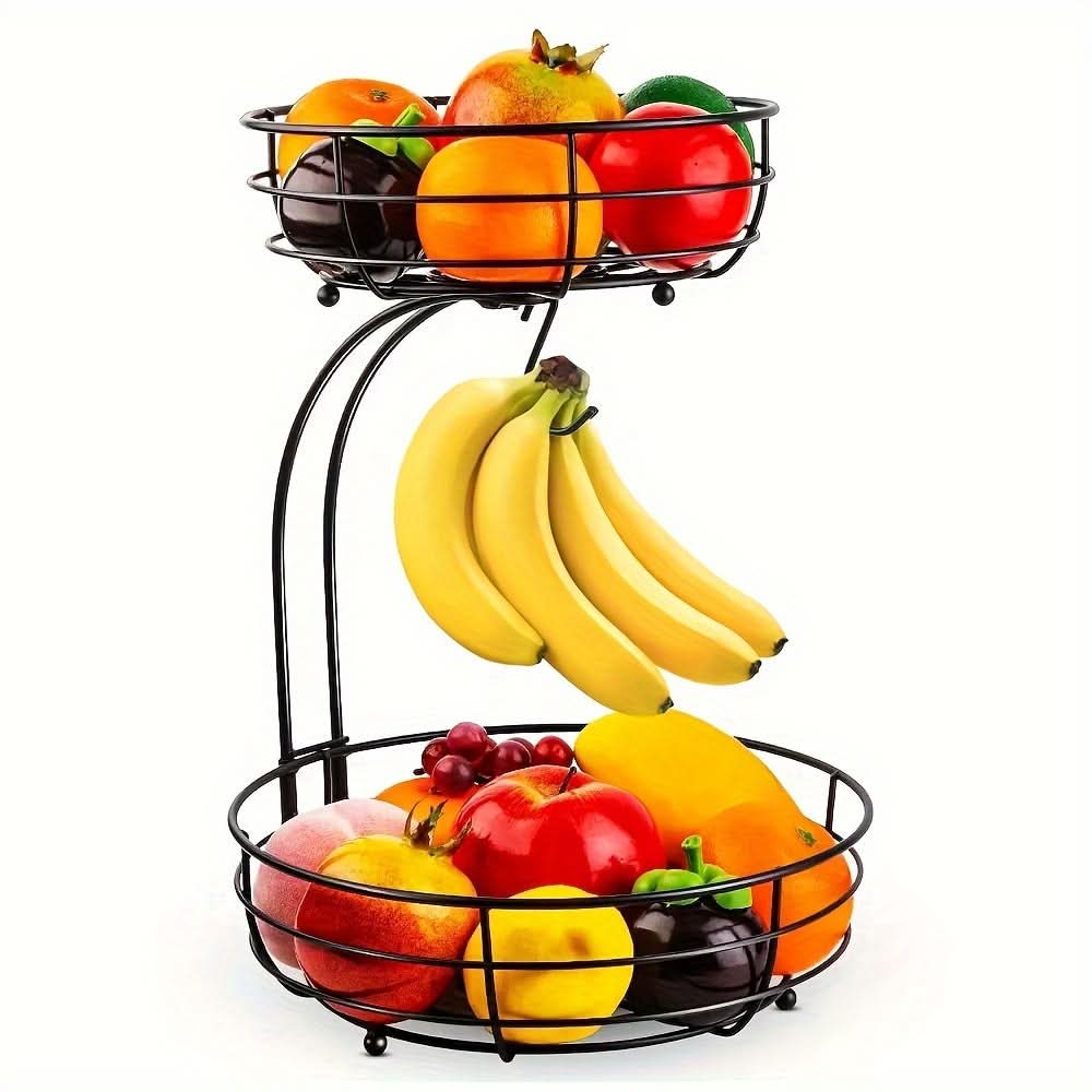 Kitchenova Fruit Haven | 2-stöckiger Obstkorb aus Metall mit Bananenhalter | Moderner Küchen-Organizer | Robuste Aufbewahrung auf der Theke 0