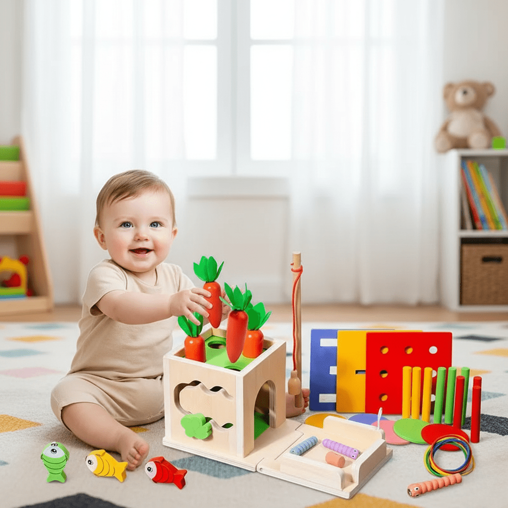 KleinerPfad Play Cube – 8-in-1 Montessori Wooden Activity Cube for Babies