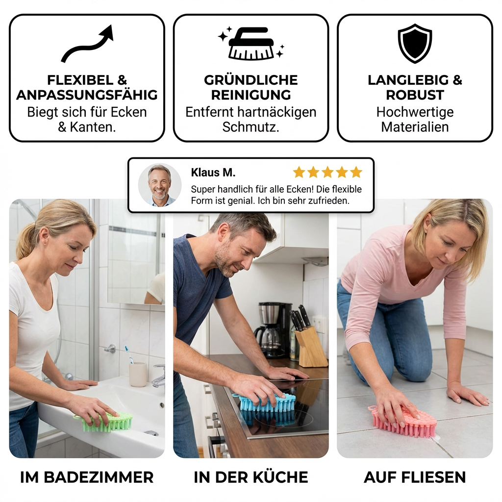 Multifunktionale Reinigungsbürste – Flexible Haushaltsbürste für Küche, Bad und Fliesen