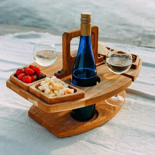 Portabel Holz Picknick Tisch – Faltbarer Picknicktisch aus Holz mit Glashaltern & Snackfächern | Für Garten, Strand & Reisen