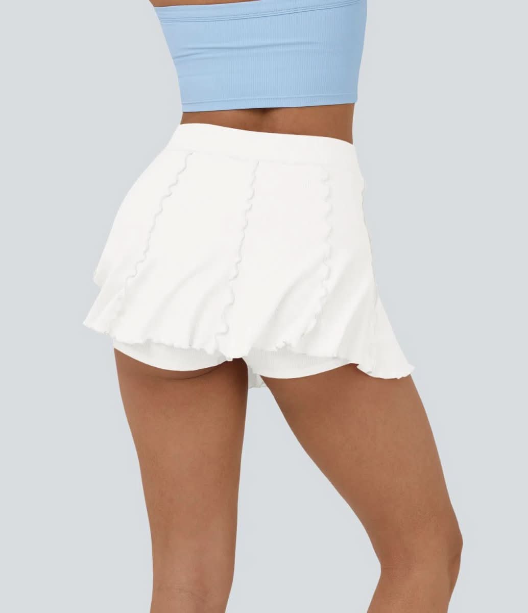 Ribbed Knit Tennis Skirt – Feminine 2-in-1 Skirt with Ruffle Hem