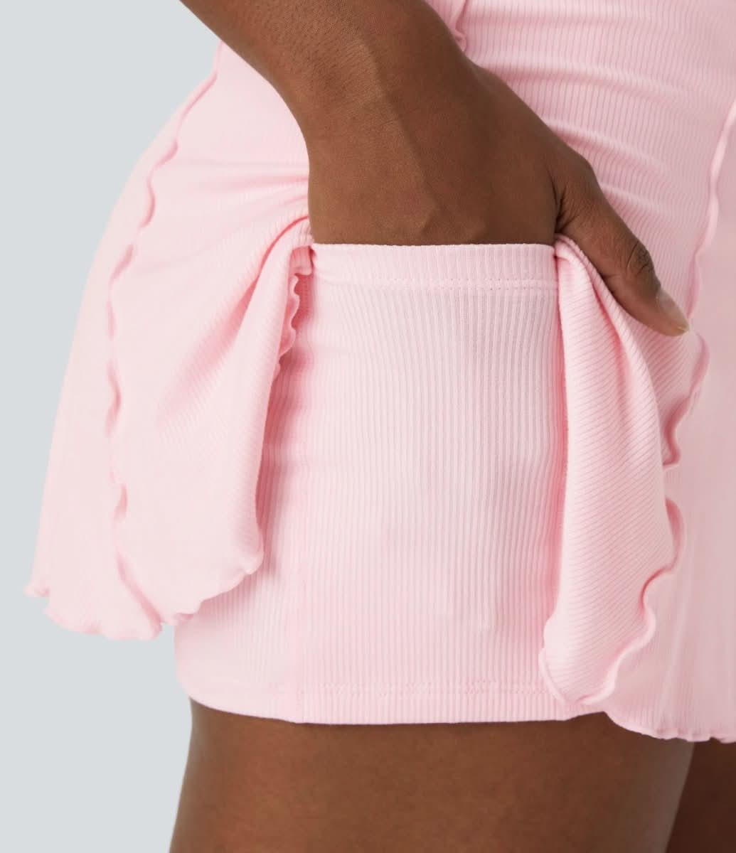 Ribbed Knit Tennis Skirt – Feminine 2-in-1 Skirt with Ruffle Hem