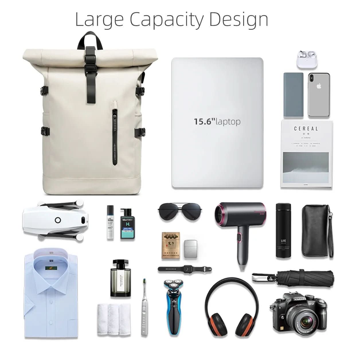 ROLLTRAIL Backpack - Expandable Rolltop Backpack with USB, Laptop Compartment & Anti-Shock System