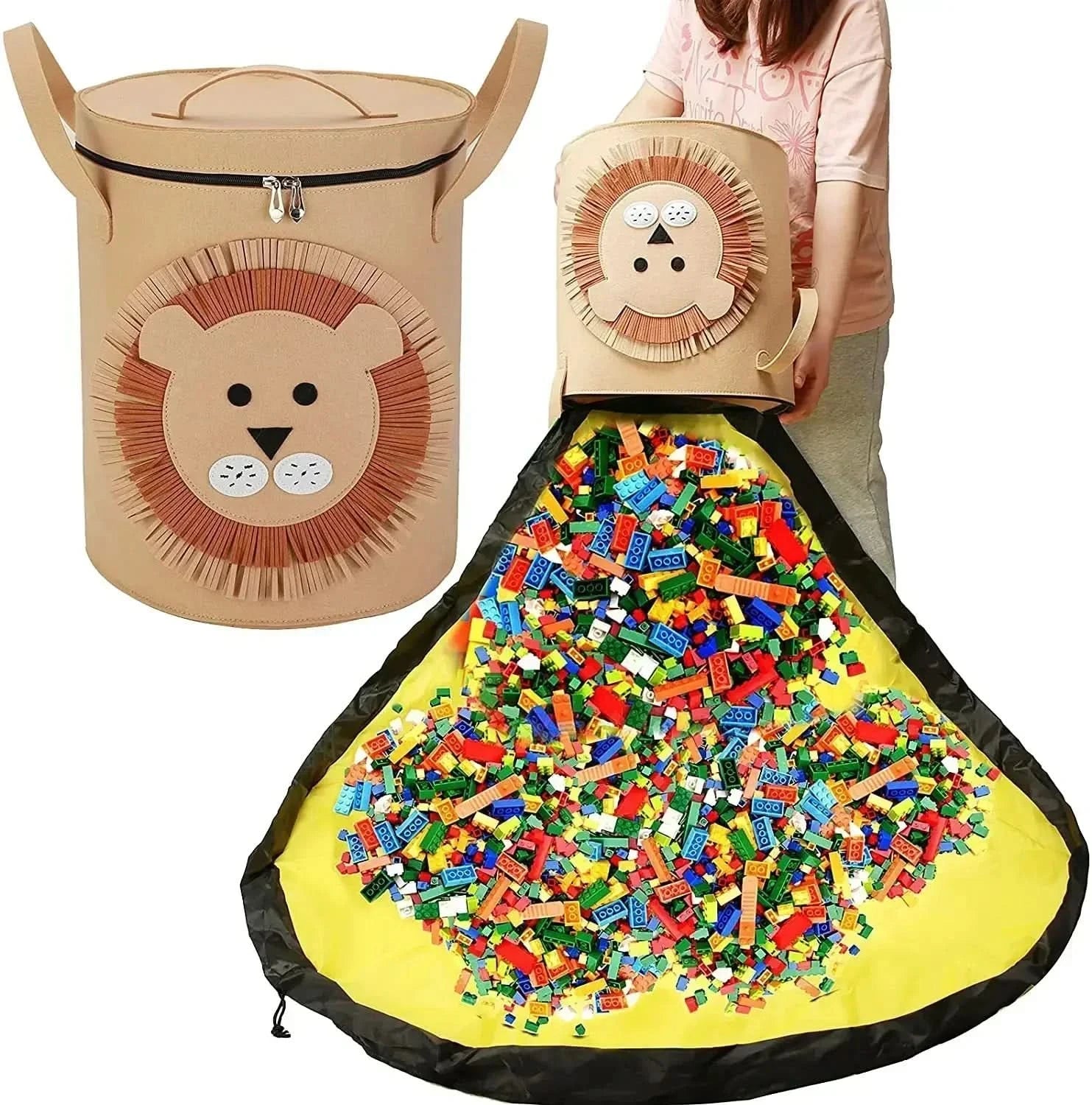 Felt Toy Storage Bag – Foldable Felt Toy Bag with Animal Motif for Kids' Rooms & Play Mats
