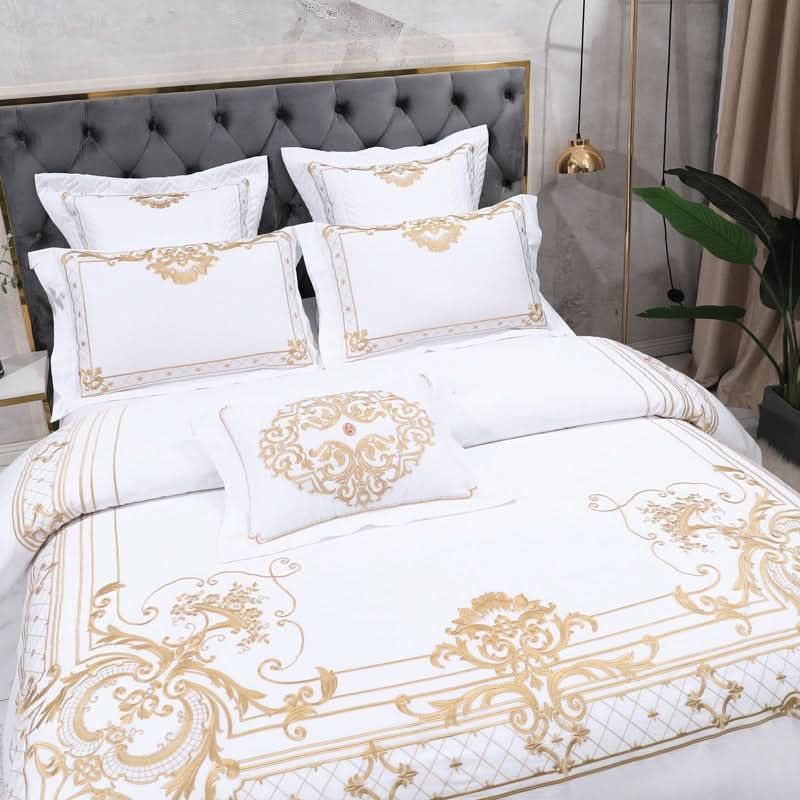 MERENZA Royal Dreams Gold Embroidered Bedding Set 100 Percent Egyptian Cotton