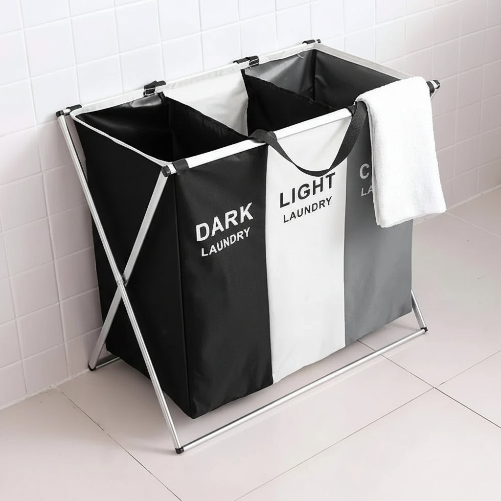 TRISORT – Foldable 3-Compartment Laundry Basket for Organization and Space-Saving