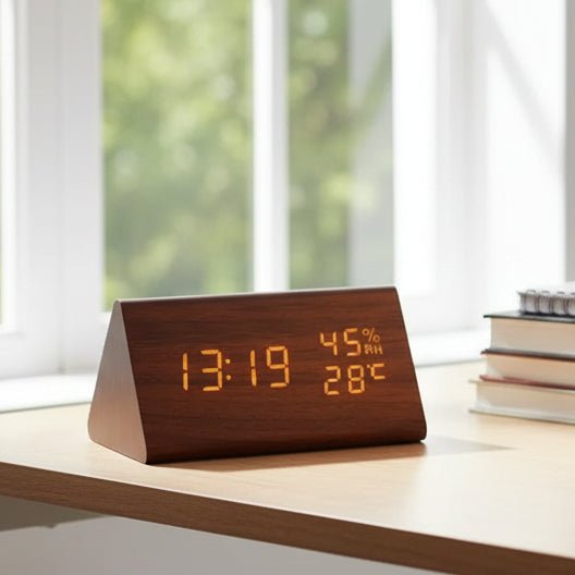 Futura Alarm Clock Wood Look LED With Three Alarms Temperature Display Adjustable Brightness