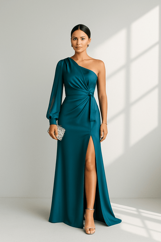 SCULPTA One-Shoulder Dress – Feminine Silhouette With Draping & Front Slit In Silk
