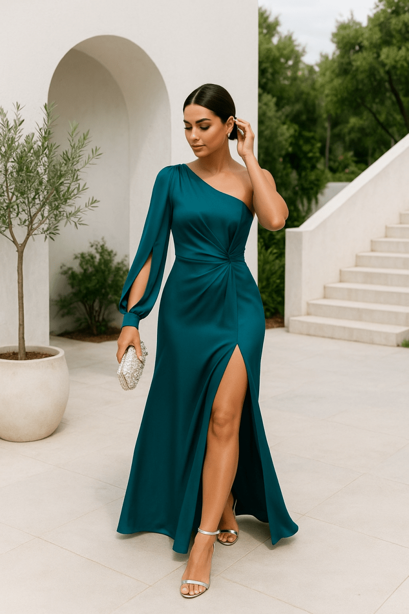 SCULPTA One-Shoulder Dress – Feminine Silhouette With Draping & Front Slit In Silk