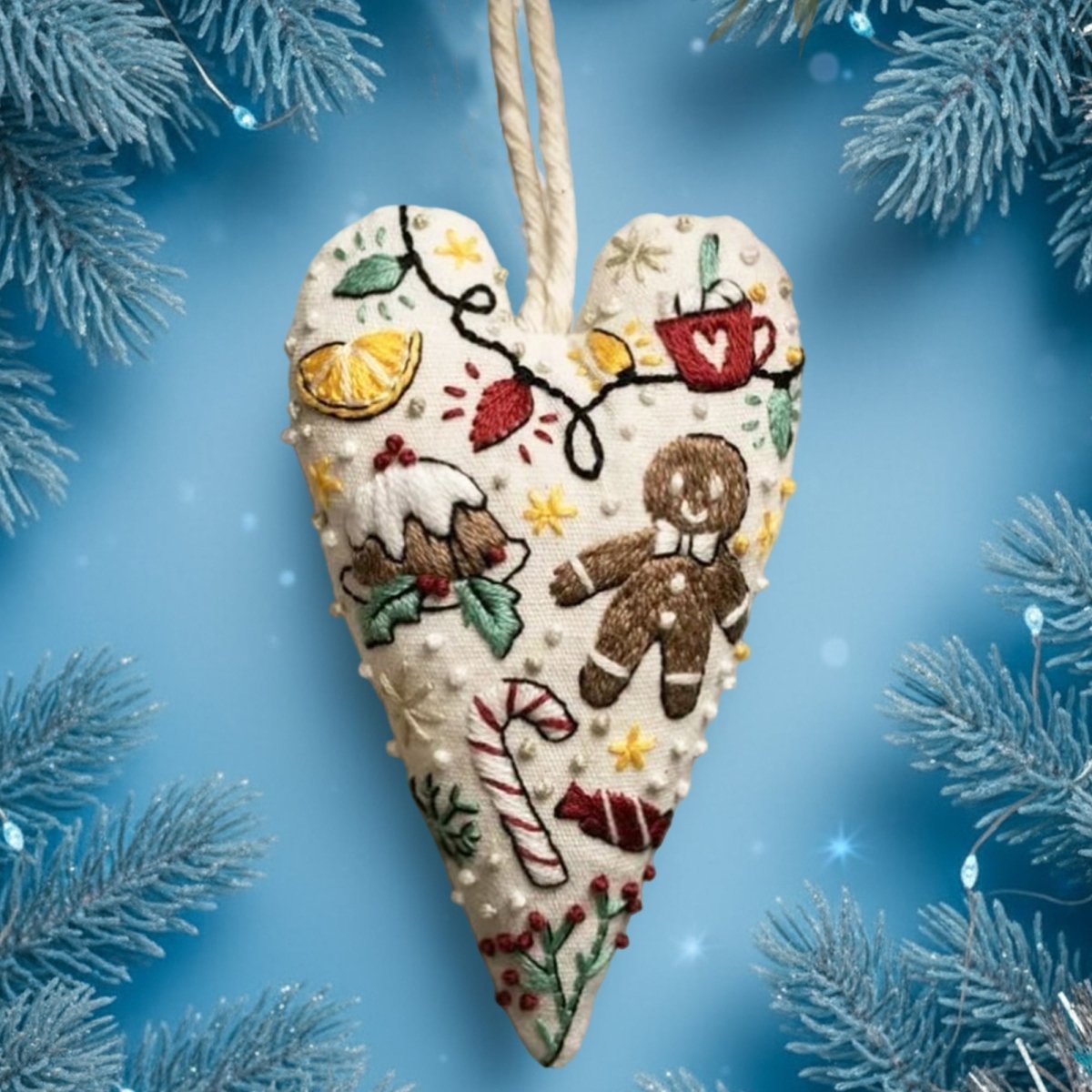 STITCHMAS – DIY-Set für herzförmigen Weihnachtsschmuck mit Stickstoff und Garn 7