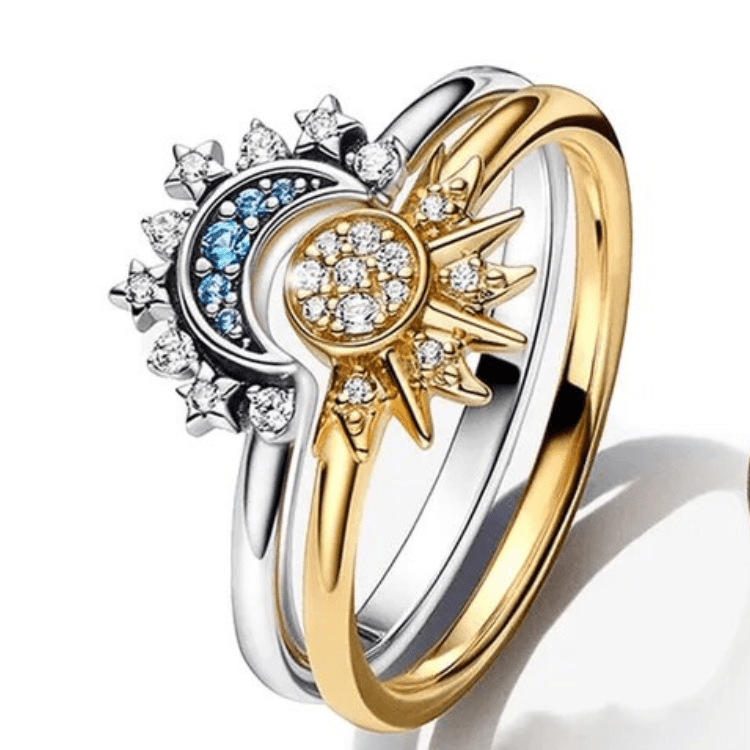 Funkelnder Silberkristallring – Eleganter 925er Silberring Mit Mond- & Sonnendesign