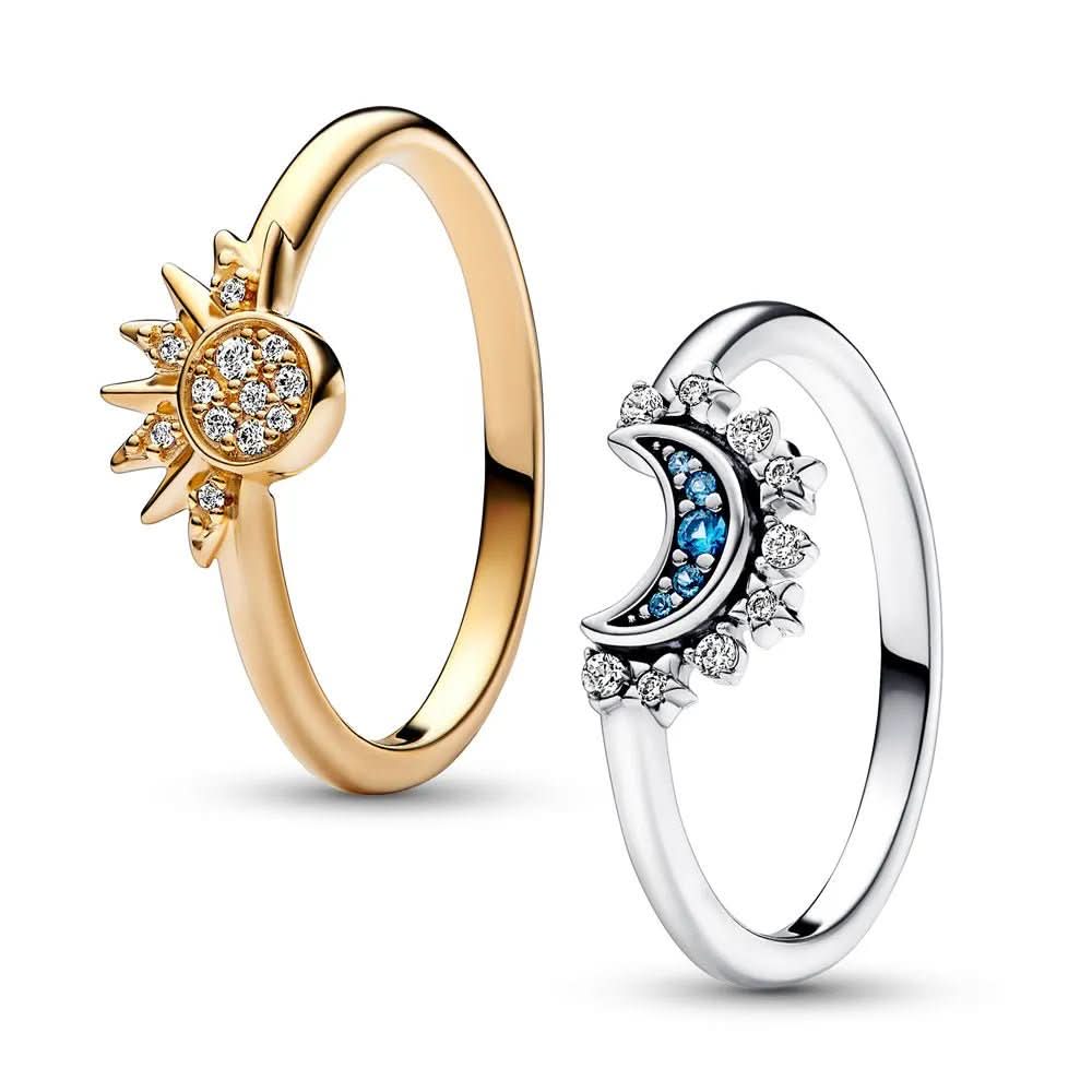 Funkelnder Silberkristallring – Eleganter 925er Silberring Mit Mond- & Sonnendesign