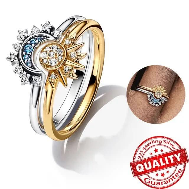 Funkelnder Silberkristallring – Eleganter 925er Silberring Mit Mond- & Sonnendesign