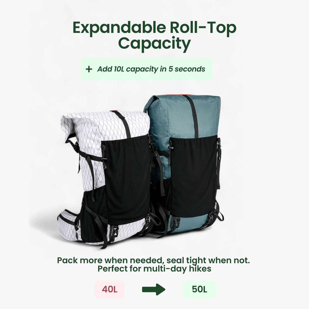 ULTREA Pack - Ultralight 50L Adventure Backpack with Roll-Top Closure and Ripstop Nylon