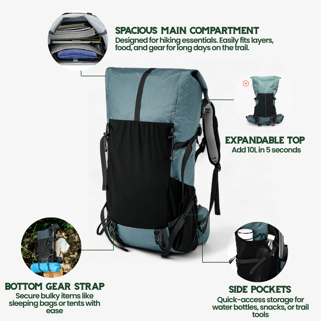 ULTREA Pack - Ultralight 50L Adventure Backpack with Roll-Top Closure and Ripstop Nylon