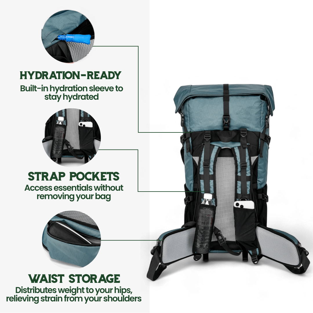 ULTREA Pack - Ultralight 50L Adventure Backpack with Roll-Top Closure and Ripstop Nylon